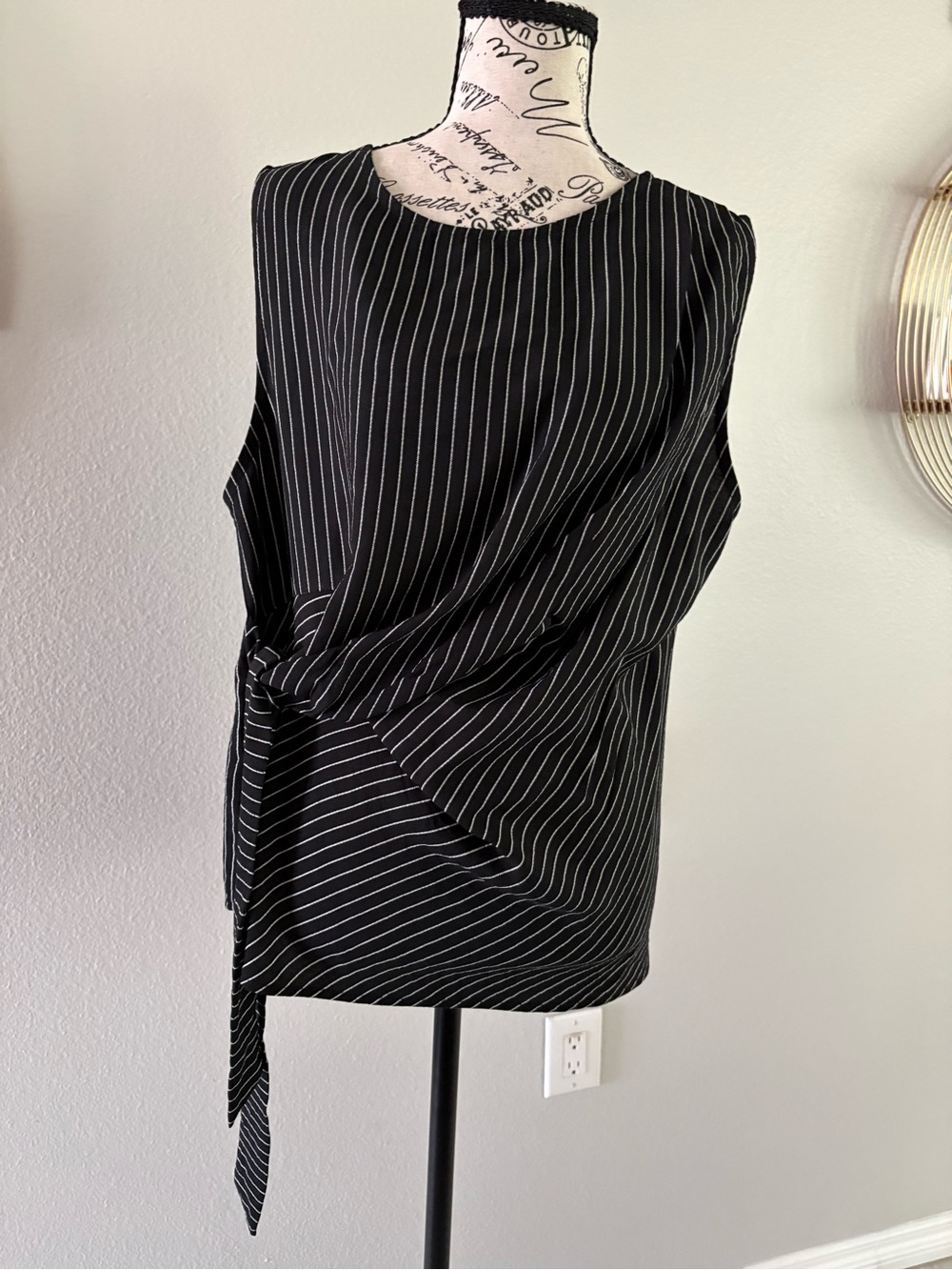 Moda Black Pinstripe Sleeveless Knot Front Blouse